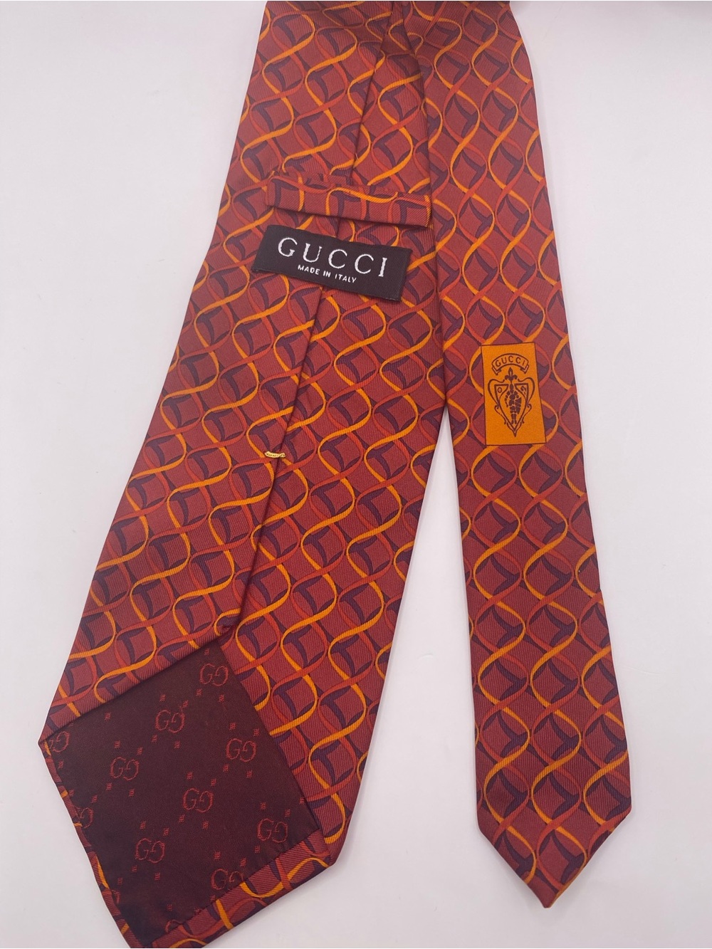 Gucci Silk Geometric Tie in Burgundy and Orange - Picture 2 of 7